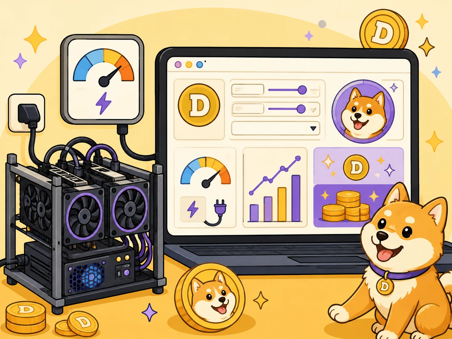 Dogecoin mining calculator next to a small Scrypt mining rig
